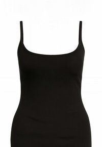 Czarny prążkowany top na ramiączkach z cienkimi paskami, charakteryzujący się dopasowanym krojem i okrągłym dekoltem, co zapewnia smukły wygląd.