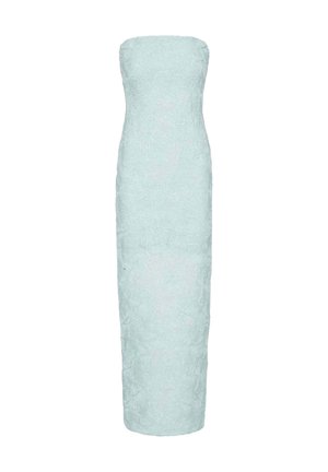 Robe de soirée bustier en dentelle bleu clair avec une silhouette cintrée et un ourlet longueur au sol.