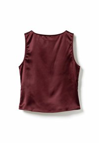 Ærmeløs bordeaux satin top med rund halsudskæring, vist fra bagsiden på en hvid baggrund.