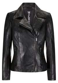 Černá kožená moto bunda s klopovým límcem, asymetrickým zipem a dvěma předními zipovými kapsami. Hladká textura a přiléhavý střih.
