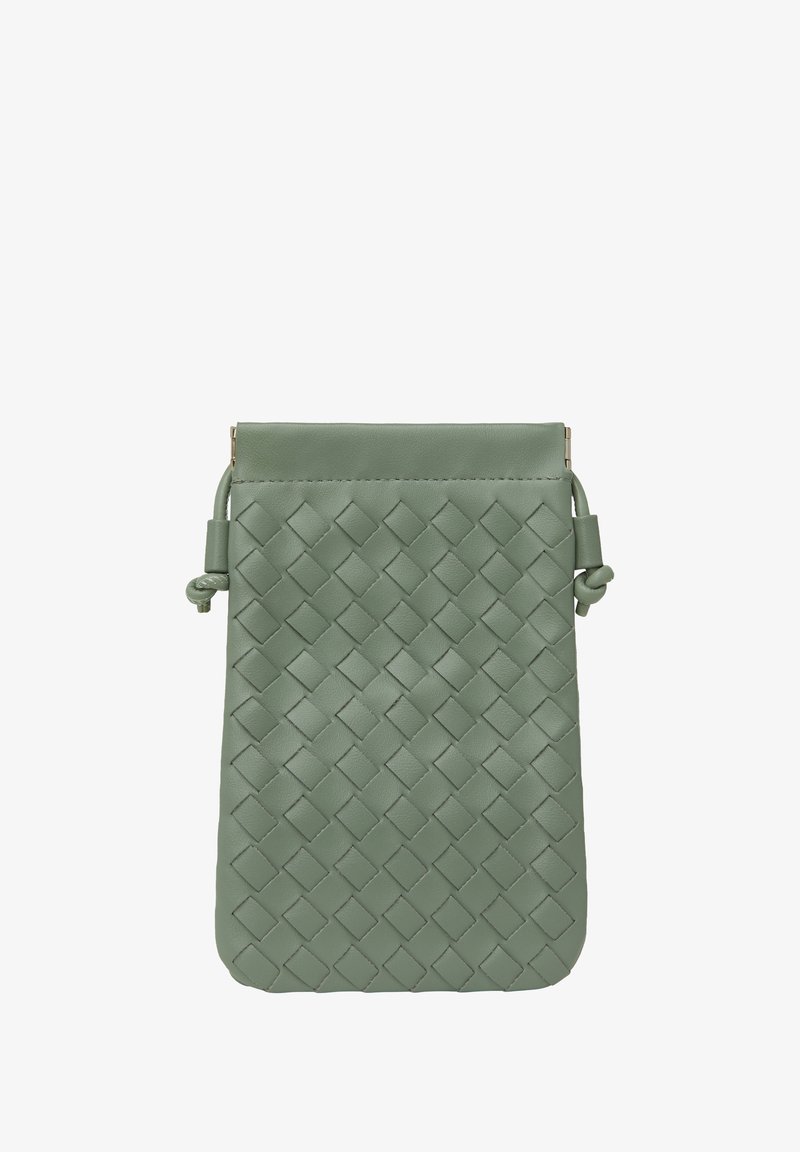 Zelená tkaná kožená taška se strukturovaným tvarem, hladkým povrchem a stahovací uzávěrem. Obsahuje uzlový popruh a diamantový vzor.
