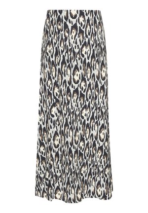 Midi skirt with black, beige, and white leopard print pattern, straight cut, and slight flare at the hem.
