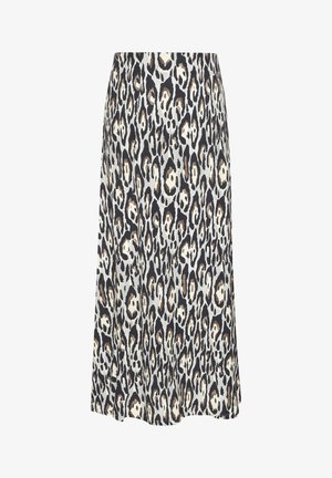 Midi skirt with black, beige, and white leopard print pattern, straight cut, and slight flare at the hem.