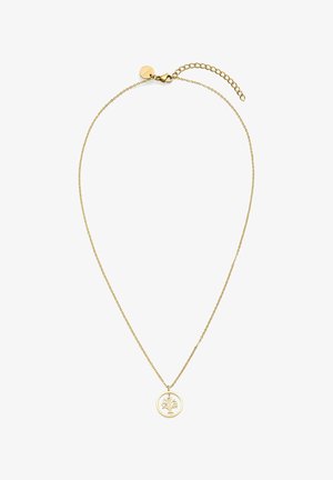 Goldene Halskette mit einem runden Anhänger, der ein Baumdesign zeigt. Die Kette hat eine filigrane Struktur und einen Verschluss mit verstellbarer Länge.