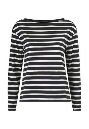 Top de manga larga a rayas blanco y negro con un amplio escote redondo, fabricado en tejido suave y con un corte relajado. Las rayas horizontales están espaciadas uniformemente.