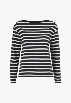 Top de manga larga a rayas blanco y negro con un amplio escote redondo, fabricado en tejido suave y con un corte relajado. Las rayas horizontales están espaciadas uniformemente.