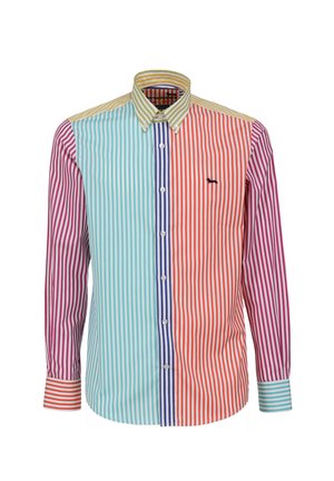 Gestreepte langemouwen shirt met vier kleursecties: lichtblauw, oranje, paars en roze, met een button-down kraag en logo-accent.