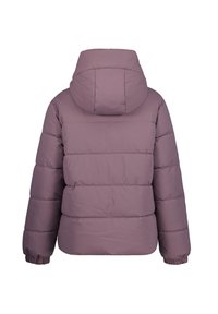 Lilla puffervest med hætte, der har et kviltet design, elastiske manchetter og en glat tekstur. Bagfra vises horisontale syningsdetaljer.