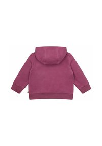 Fleece-Hoodie in tiefem Pink mit gefütterter Kapuze, gerippten Bündchen und Saum. Glatte Textur ohne sichtbare Muster oder Hardwaredetails.