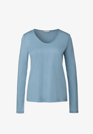 Jasnoniebieska longsleeve z dekoltem w serek, wykonana z miękkiego materiału, o prostym wzornictwie i gładkiej strukturze, bez wzorów.
