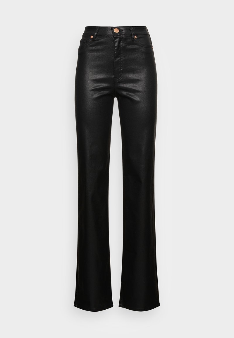 Pantalon noir taille haute en similicuir avec jambes droites larges et détails de boutons et rivets en cuivre sur les poches avant.