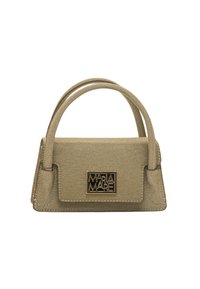 Piccola borsa dorata realizzata in materiale testurizzato. Presenta una forma strutturata, manici doppi e un logo nero e oro sul fronte.