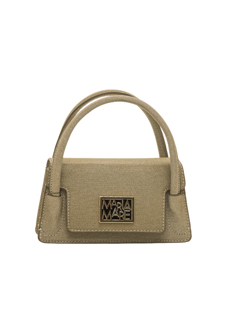 Piccola borsa dorata realizzata in materiale testurizzato. Presenta una forma strutturata, manici doppi e un logo nero e oro sul fronte.