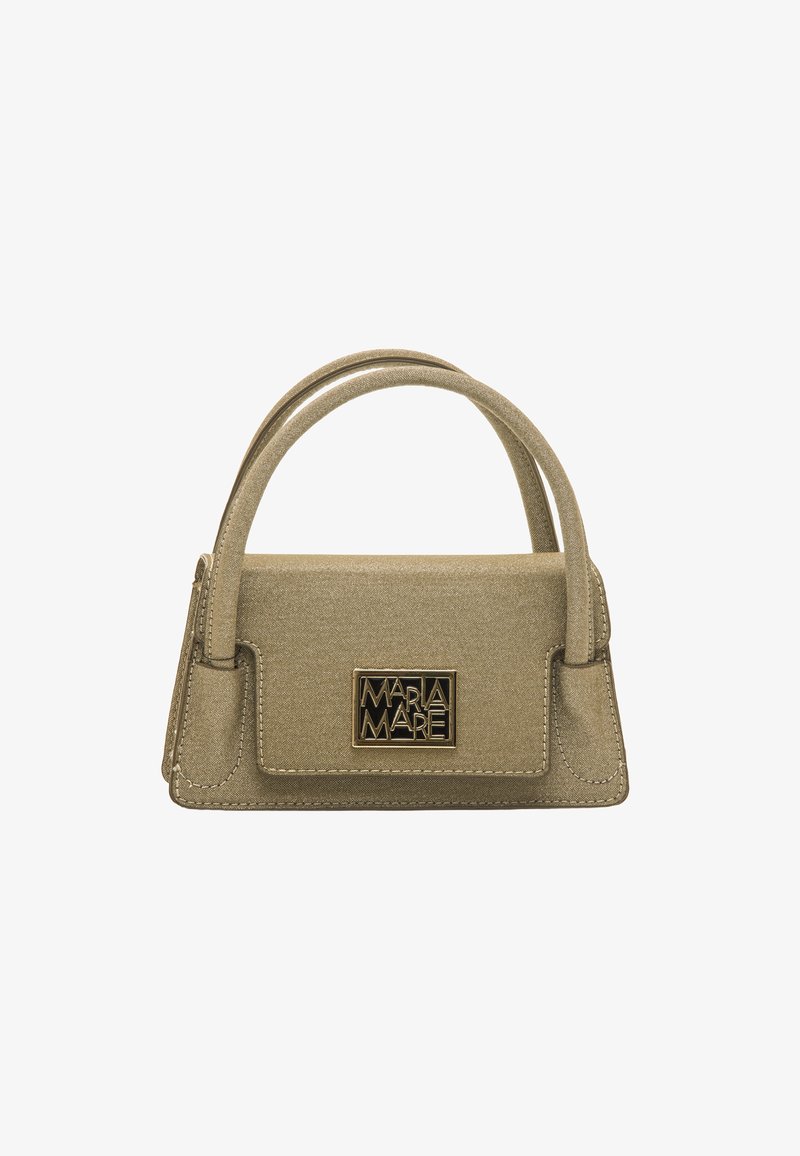 Kleine goldene Handtasche aus strukturiertem Material. Hat eine klare Form, zwei Griffe und ein schwarz-goldenes Logo auf der Vorderseite.