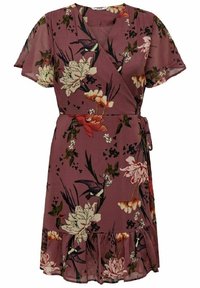 Vestido envolvente color malva con mangas cortas, estampado de flores y pájaros, cinturilla con lazo y dobladillo con volantes.