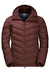 Veste matelassée Jack Wolfskin de couleur bordeaux avec fermeture éclair intégrale, col haut et poches latérales zippées, conçue pour une utilisation en extérieur.
