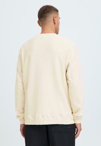 Felpa leggermente beige con maniche lunghe, collo rotondo e vestibilità rilassata. Texture morbida con cuciture visibili all'orlo e ai polsini delle maniche.