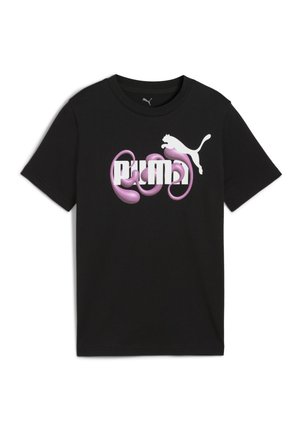 Czarna bawełniana koszulka z krótkim rękawem, z dużą różowo-białą grafiką z napisem "PUMA" i skaczącym logo pumy. Design z okrągłym dekoltem.