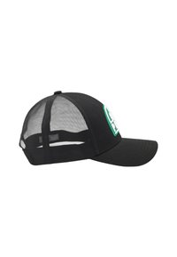 Casquette noire avec un panneau avant solide et un dos en mesh. Elle présente un patch logo vert, une visière incurvée et une sangle ajustable à l'arrière.