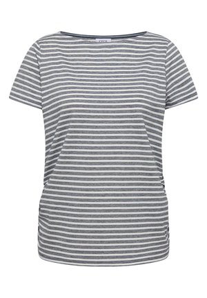 T-shirt pour femme à manches courtes avec des rayures horizontales grises et blanches et un col rond.