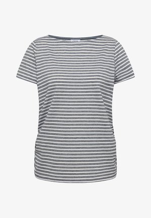 Kortærmet dame t-shirt med grå og hvide vandrette striber og rund halsudskæring.