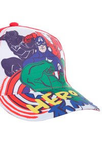 Baseball cap featuring colorful printed superheroes, predominantly green and red, with the word "HERO" in yellow, and a graphic design on the front.