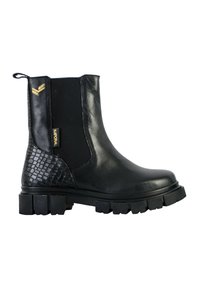 Bottines noires avec une finition en cuir brillant, panneaux latéraux élastiques et accents texturés en motif crocodile sur le talon. Semelle en caoutchouc épaisse.