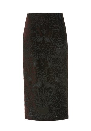 Zwarte bloemenpatroon pencil skirt met reliëfstructuur, met ingewikkelde ontwerpen en een getailleerd silhouet, dat net onder de knie valt.