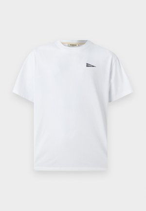White cotton t-shirt featuring a small black triangular logo on the left chest. Short sleeves and round neckline, casual fit.