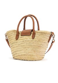 Bolso de mano tejido de paja con asas de cuero marrón y correa de hombro desmontable, con una parcha de cuero con marca en relieve.