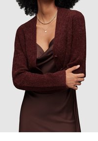 Kaštanový pletený kardigan s žebrovanými rukávy, nošený přes hnědé saténové šaty. Kardigan má otevřený přední střih a měkkou texturu.