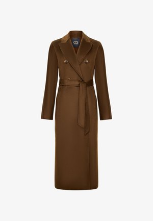 Bruine, dubbelzijdige jas met een ceintuur in de taille, lange mouwen en een gestructureerde stofafwerking. Opvallend ontwerp van de revers en knoopaccenten.