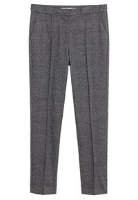 Pantalon gris à carreaux avec une coupe ajustée, présentant des plis sur le devant, des poches latérales, et une texture de tissu lisse. Coupe droite.