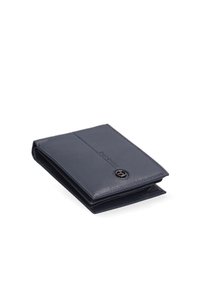 Portafoglio in pelle blu navy con finitura texture, dotato di chiusura a bottone e design sottile ed elegante. Piegato con scomparti visibili per le carte.