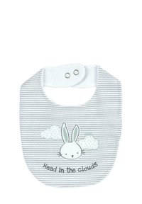 Grå och vitrandig haklapp med en kanindesign och texten "Huvudet i molnen," med mjukt tyg och tryckknappsstängning.