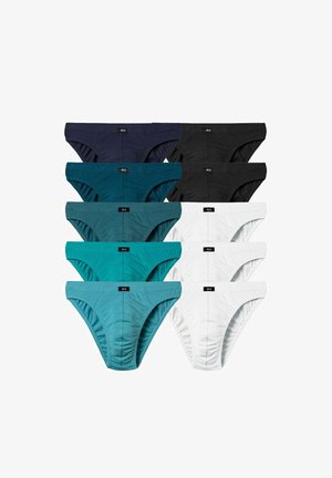 Ten pairs of men's briefs in five colors: navy, black, dark teal, white, and turquoise, arranged in two vertical columns.