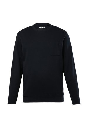 Mørkeblå crewneck sweatshirt lavet af tekstureret stof med lange ærmer og en brystlomme. Har ribstrikket krave og manchetter.