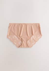 Ljusrosa högmidjade trosor med slät kropp och intrikat blommig spetskant vid benen med vågiga kanter och en satinrosett som accent.