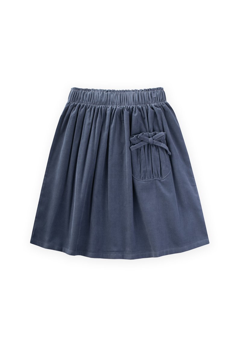 Tmavomodrá bavlnená sukňa so záhybovým dizajnom, elastickým pásom a ozdobnou vreckovou mašličkou. Hladká textúra po celom povrchu.