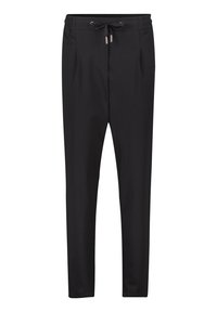 Pantalons de jogging noirs en matériau doux et extensible, dotés d'une taille élastique avec cordon de serrage et de poches latérales. Texture lisse.