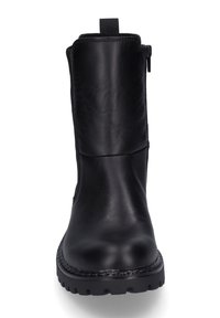 Černá kožená kotníková bota s kulatou špičkou, bočním zipem, strukturovanými tkaninovými akcenty a robustní podrážkou pro lepší přilnavost.