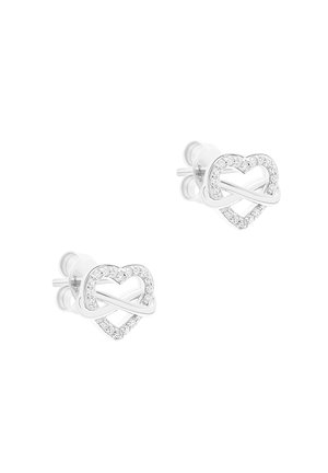 Silberne Ohrstecker in Form offener Herzen, durchkreuzt von einem Unendlichkeitssymbol, verziert mit kleinen klaren Kristallen.