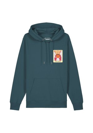 Dunkeltürkiser Hoodie mit Fronttasche und Kordeln, mit einer kleinen bunten Kaffee-Motiv-Grafik auf der linken Brustseite.