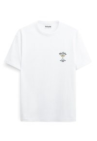 Biała koszulka z krótkim rękawem z małą grafiką kieliszka wina oraz napisem "Klub Degustacji Wina na Wakacjach" na lewej piersi.