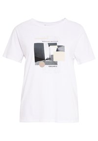 Vit ekologisk bomulls t-shirt med ett geometriskt grafiktryck i svart och beige där texten "BRUUNS BAZAAR" är i fokus.