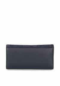 Marineblauwe leren portemonnee met een gladde textuur, rechthoekige vorm en een bovenrand van een zacht, contrasterend materiaal. Eenvoudig ontwerp, zonder zichtbare hardware.