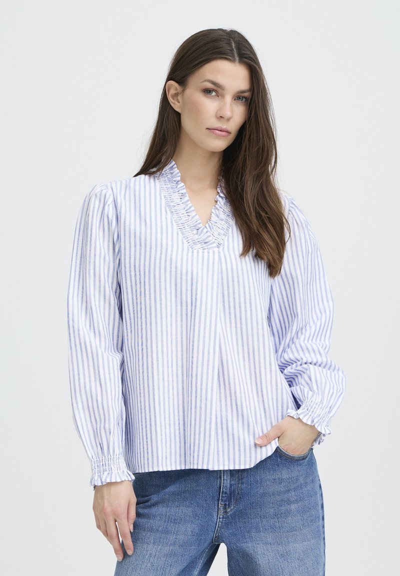 Camicia bianca con righe verticali blu, scollo a V con volant e polsini elasticizzati. Il materiale sembra leggero e strutturato. Abbinata a denim.
