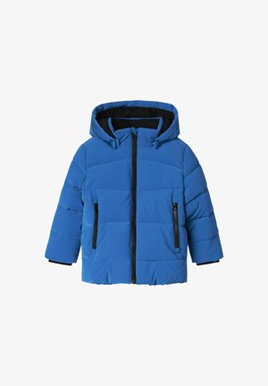 Plavi jakna sa kapuljačom, s prednjim zatvaračem, dva bočna džepa sa zatvaračem i dizajnom sa šivenim panelima. Glatka tekstura.