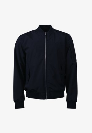 Blouson aviateur noir avec fermeture éclair à l'avant, col, poignets et taille côtelés, deux poches à rabat à l'avant, et une petite poche zippée sur la manche gauche.