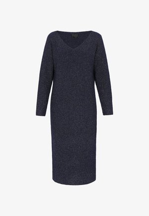 Knee-length navy dress with long sleeves, V-neck, ribbed texture, and metallic thread accents for a subtle shimmer.